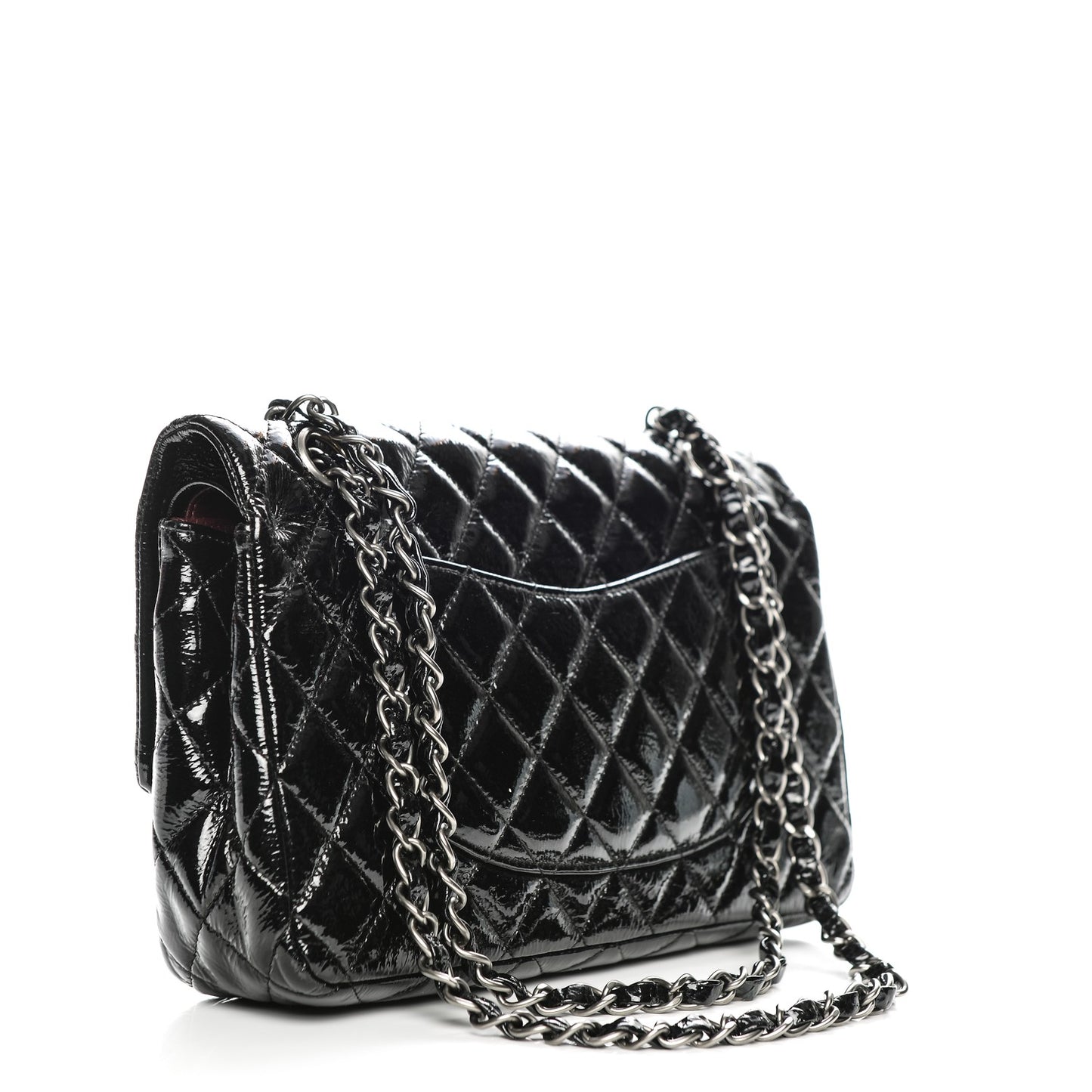 Distressed Patent Quilted Medium Double Flap Black