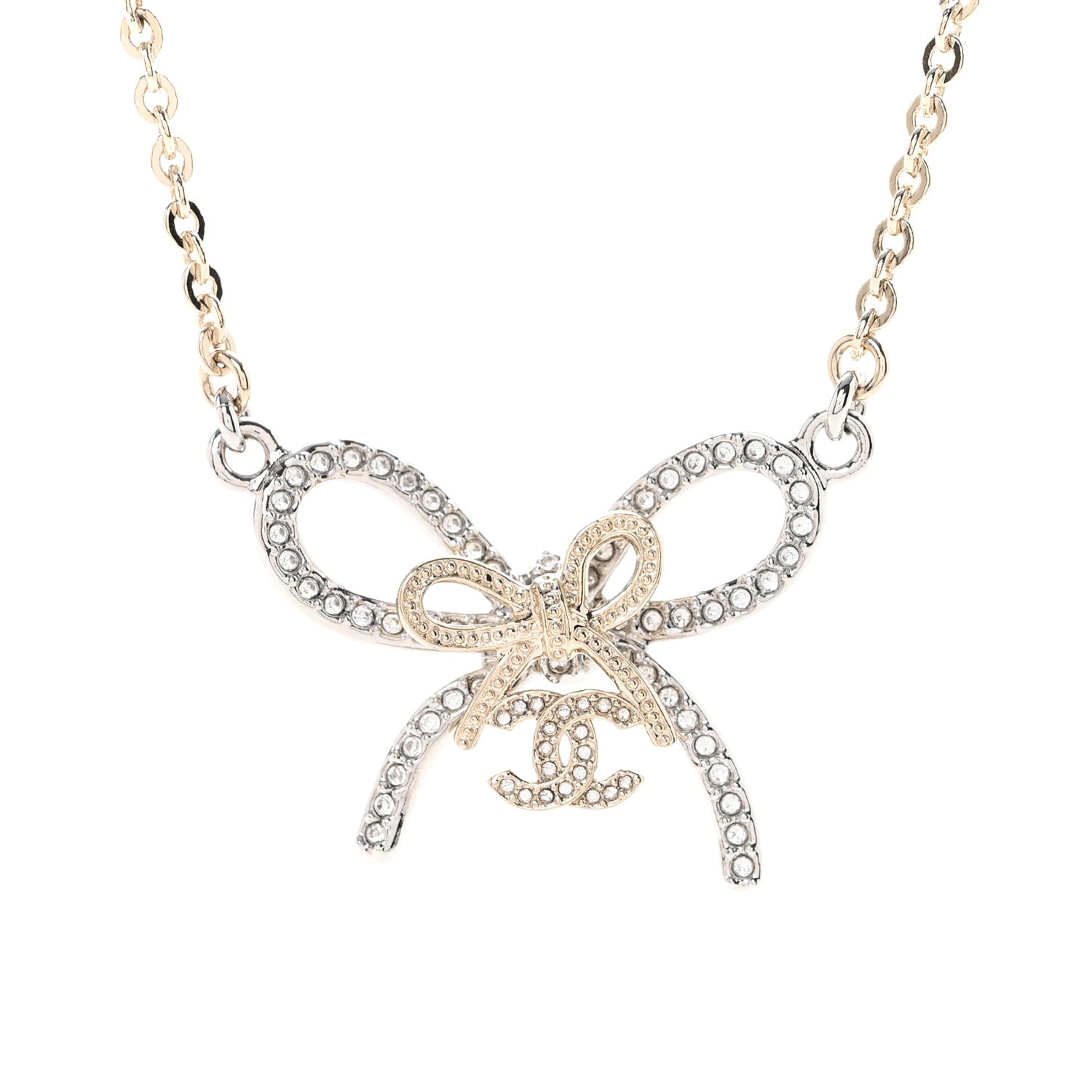 Chanel Crystal CC Bow Pendant Necklace Gold Silver 4 of 7