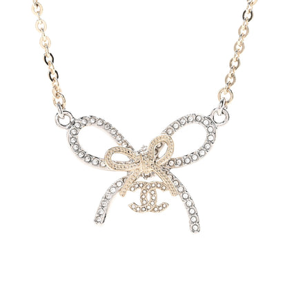 Chanel Crystal CC Bow Pendant Necklace Gold Silver 4 of 7