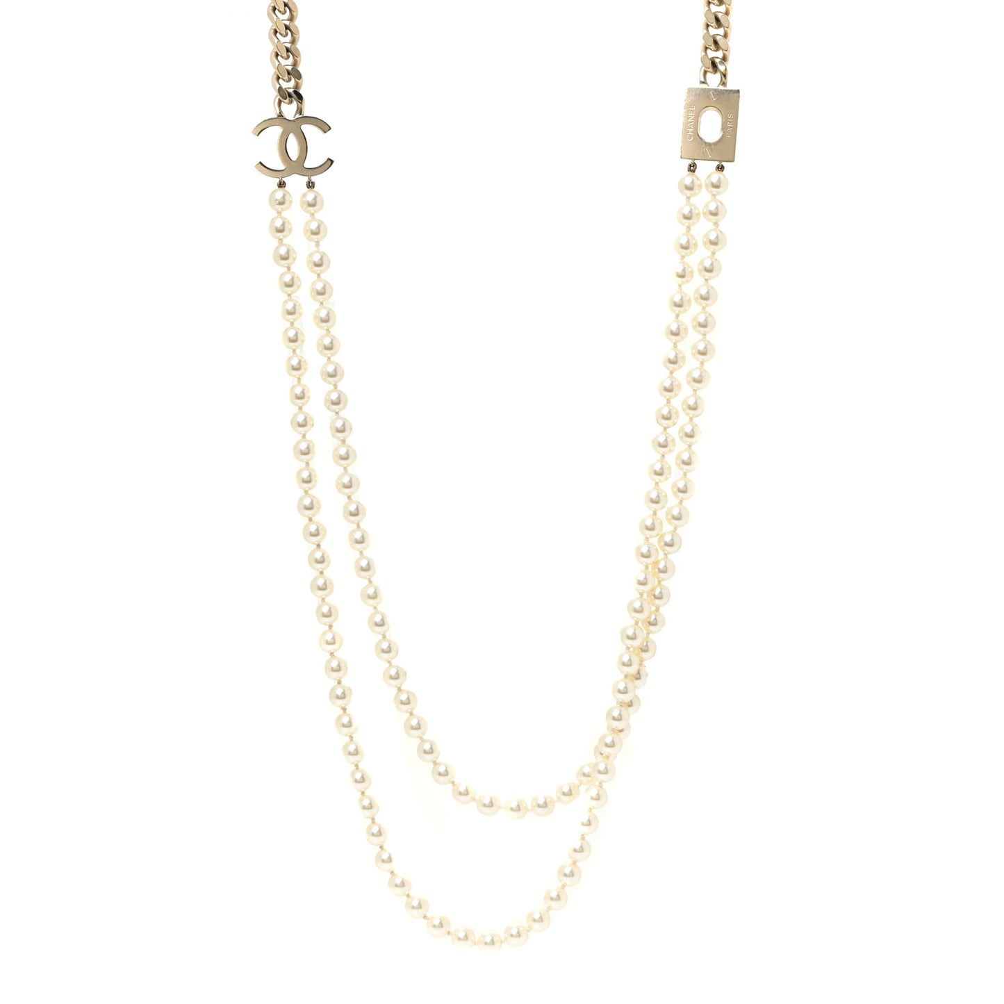 Pearl Chain CC Long Necklace Gold