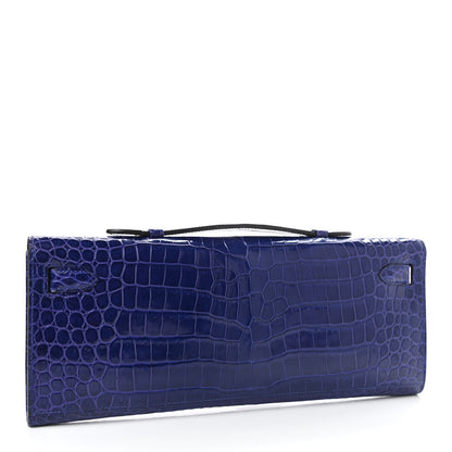 Hermes Shiny Porosus Crocodile Kelly Cut Pochette Bleu Electrique 3 of 7