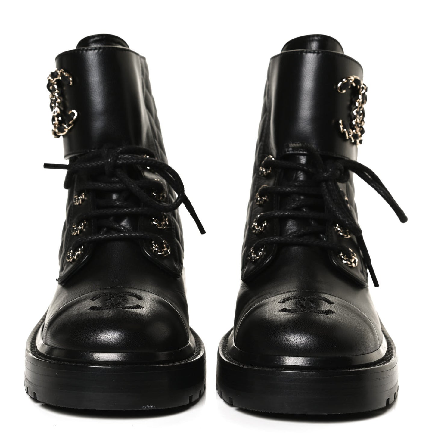 Shiny Lambskin Quilted Lace Up Combat Boots 37 Black