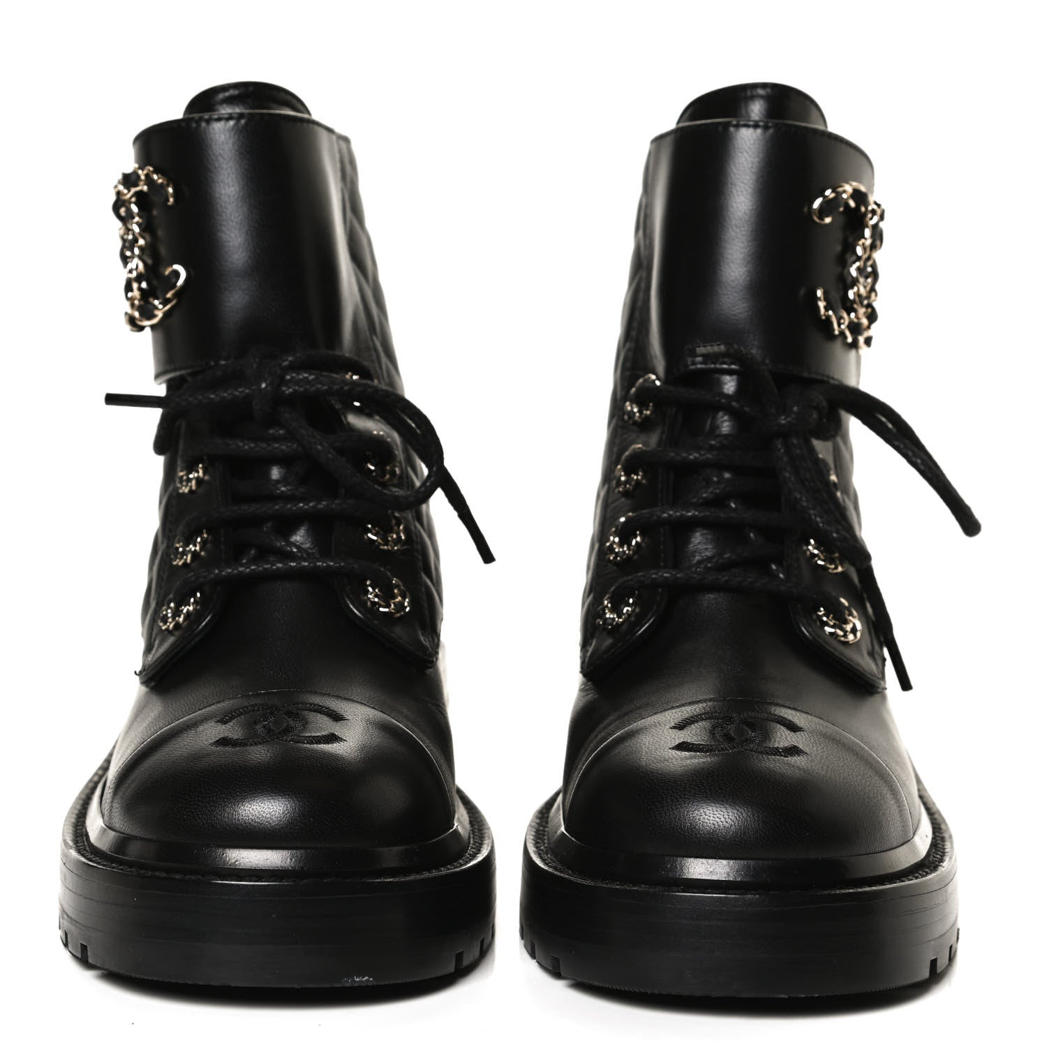 Chanel Shiny Lambskin Quilted Lace Up Combat Boots 37 Black 2 of 12