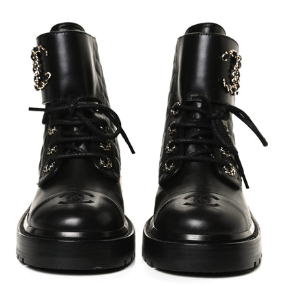 Chanel Shiny Lambskin Quilted Lace Up Combat Boots 37 Black 2 of 12