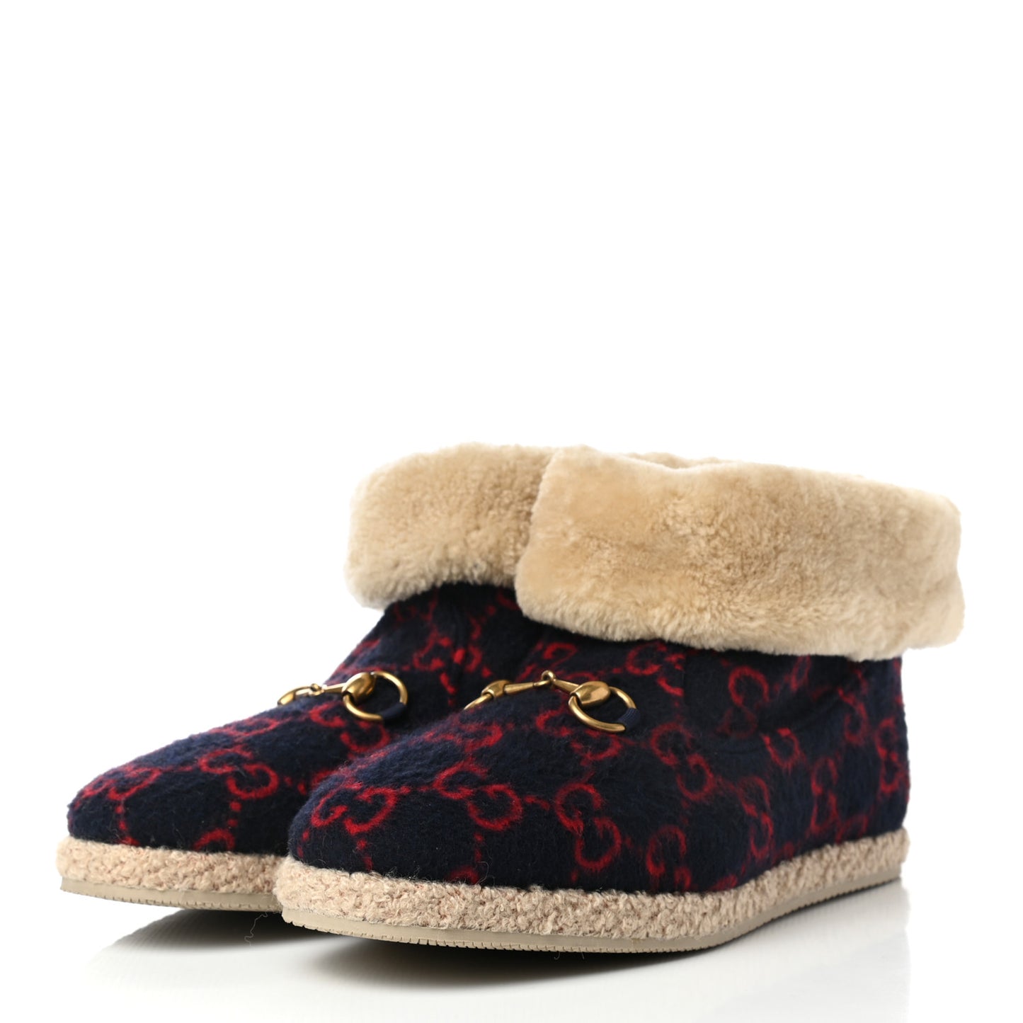 Covered Wool GG Monogram Mens Fria Horsebit Ankle Boots 8.5 Blue Red Butterscotch