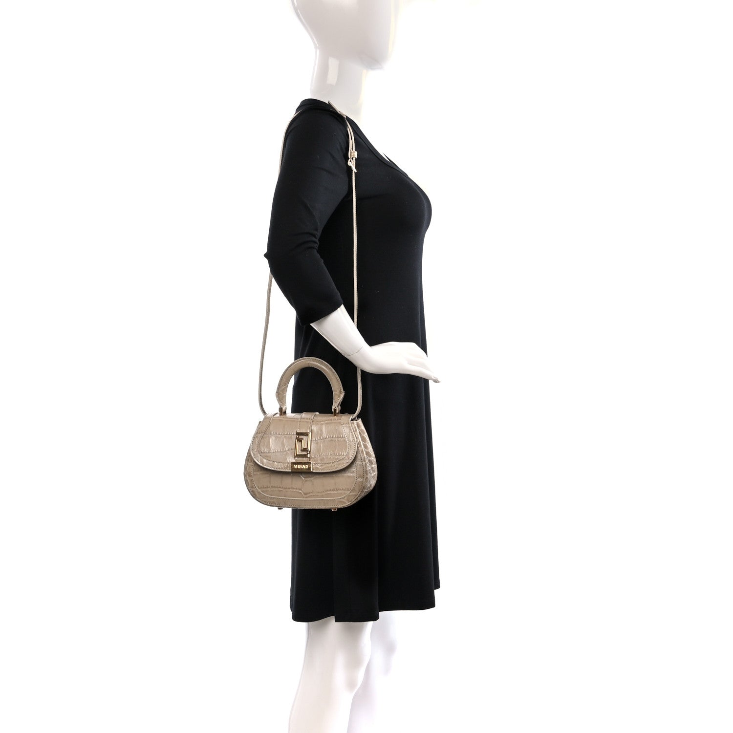 Griego M93 美品 Versace Calfskin Crocodile Embossed Greca Goddess Mini Top Handle