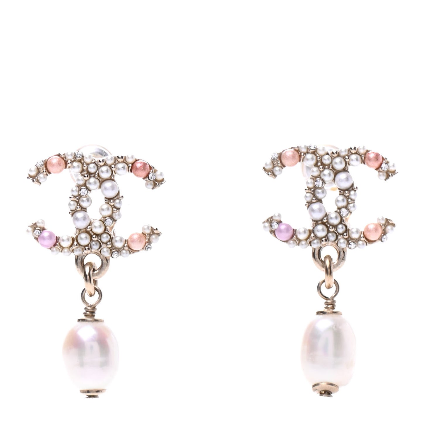 Pearl Crystal CC Charm Drop Earrings Light Gold Pink