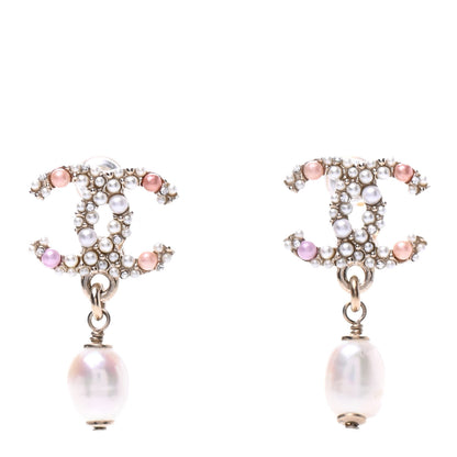 Chanel Pearl Crystal CC Charm Drop Earrings Light Gold Pink 1 of 5