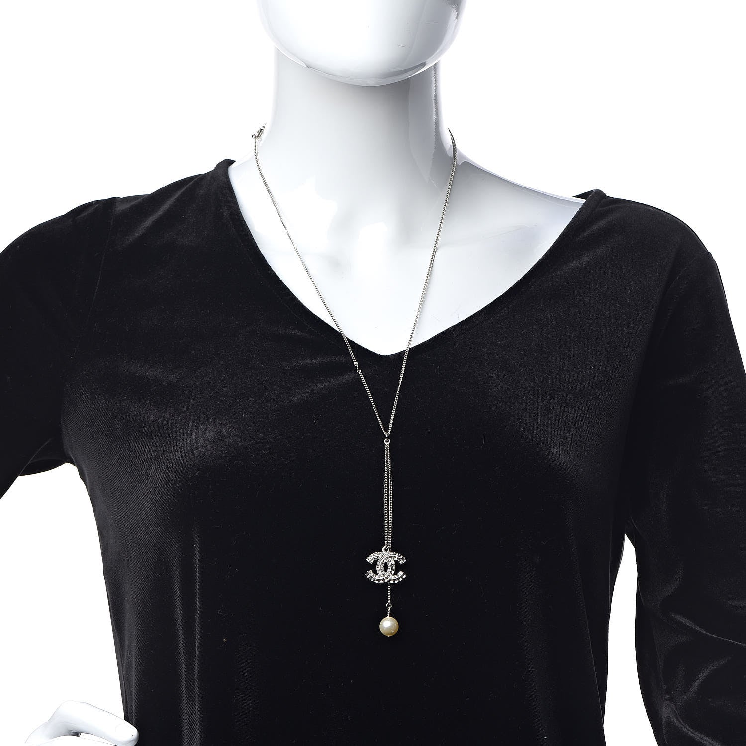 Chanel Baguette Crystal Pearl CC Lariat Necklace Silver 2 of 5