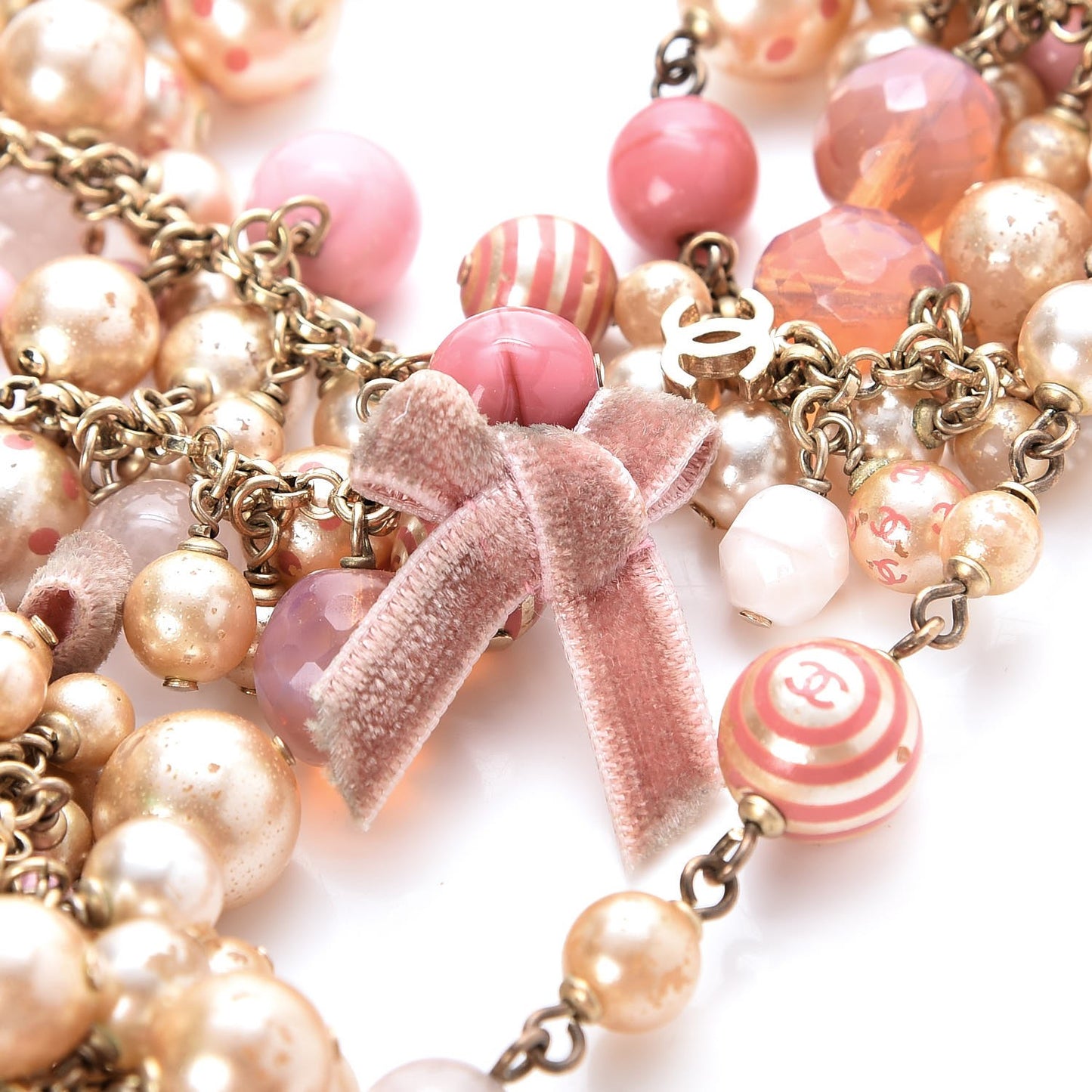 Pearl CC Beaded Velvet Bow Long Necklace Pink Ivory