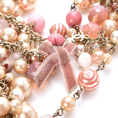 Chanel Pearl CC Beaded Velvet Bow Long Necklace Pink Ivory 6 of 6