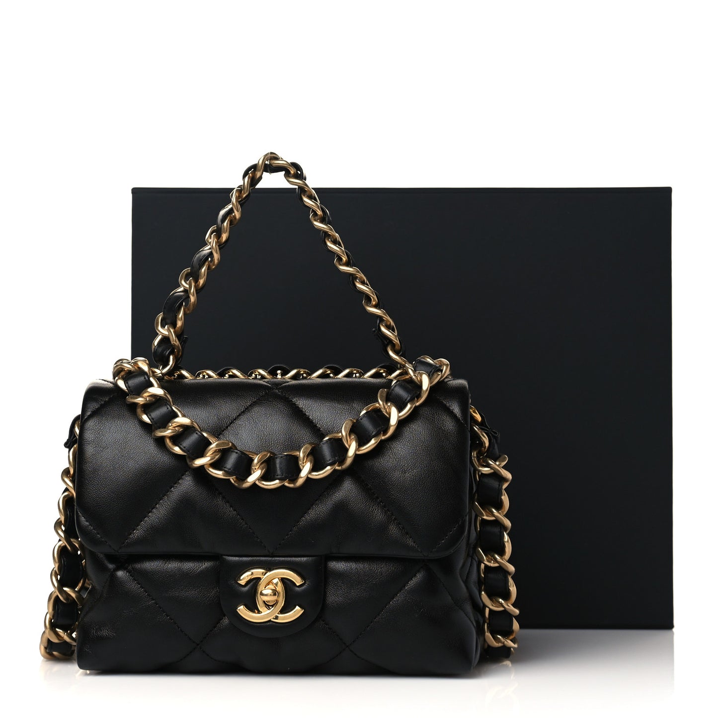 Lambskin Quilted Small Chain Top Handle Flap Black