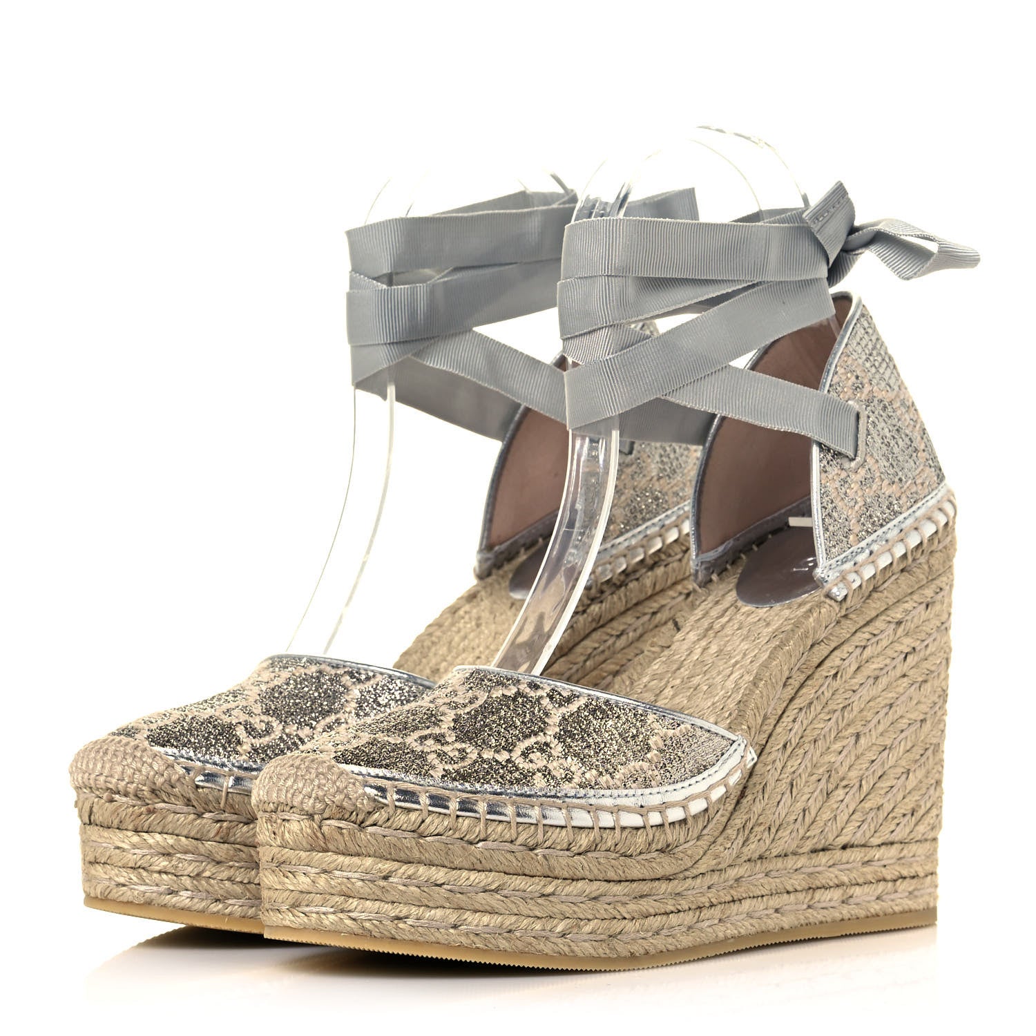 Gucci Lame GG Monogram Ankle Wrap Platform Espadrille Wedges 37 Silver Beige Light Grey 3 of 10
