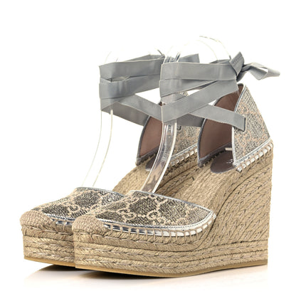 Gucci Lame GG Monogram Ankle Wrap Platform Espadrille Wedges 37 Silver Beige Light Grey 3 of 10