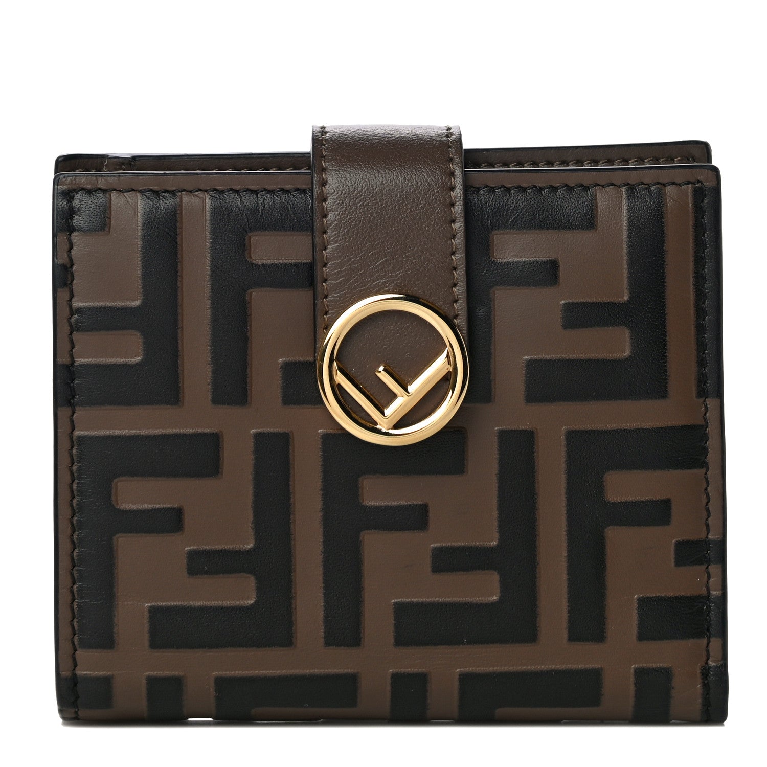 Fendi Vitello Soft F is Fendi Bi-Color FF 1974 Embossed Compact Wallet Maya Black 1 of 10
