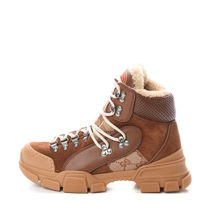 Gucci X SEGA Suede Shearling Calfskin GG Monogram Womens Flashtrek High-Top Sneakers 37.5 New Cuir Beige Ruggine 1 of 6