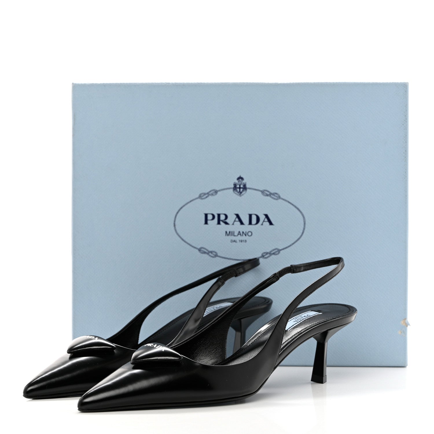 Prada Spazzolato Triangle Logo Pointed Toe 75mm Slingback Pumps 39 Black 8 of 8