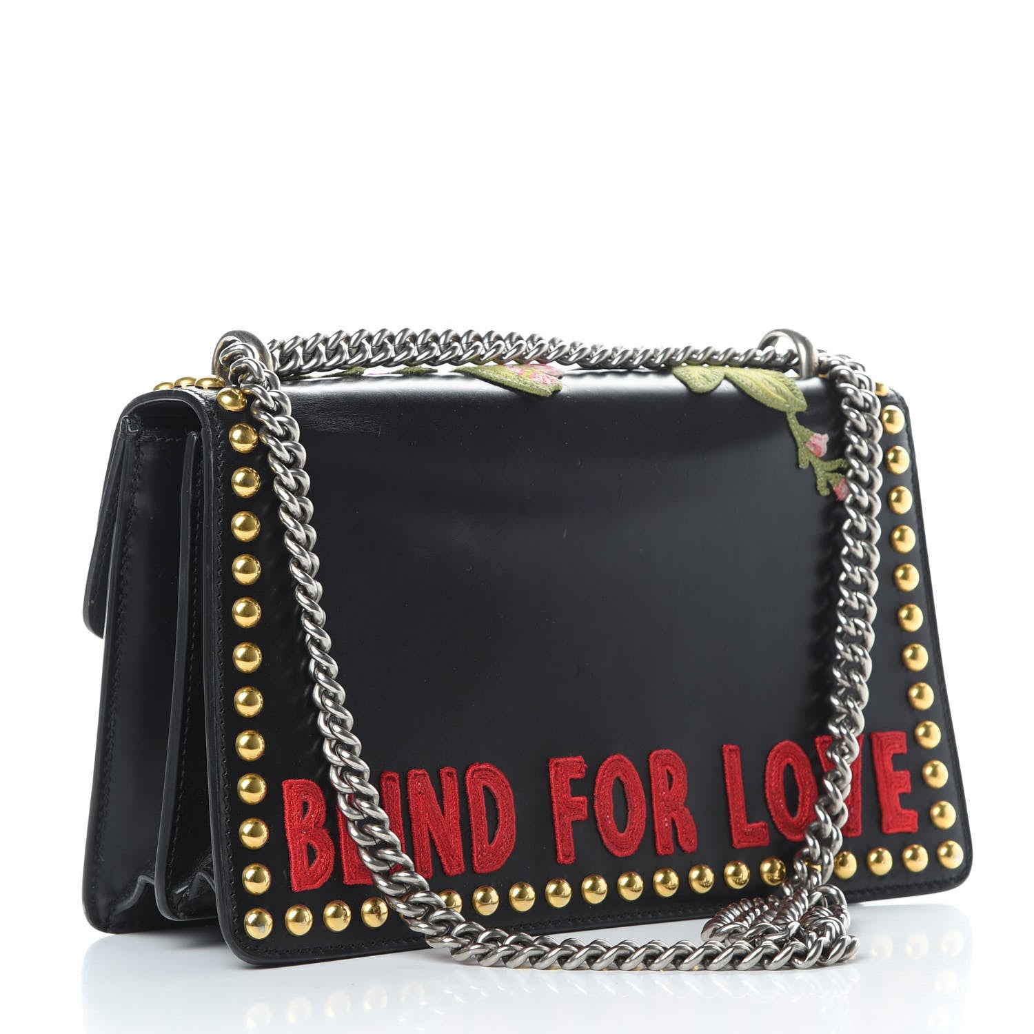 Gucci Calfskin Floral Embroidered Studded Small Dionysus Shoulder Bag Black 3 of 15