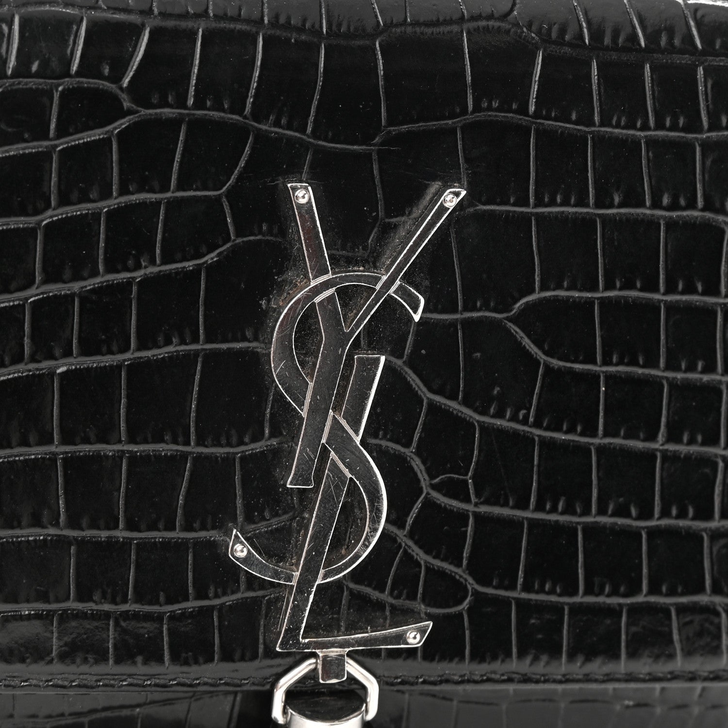 Saint Laurent Calfskin Crocodile Embossed Small Classic Monogram Kate Tassel Satchel Black 16 of 16