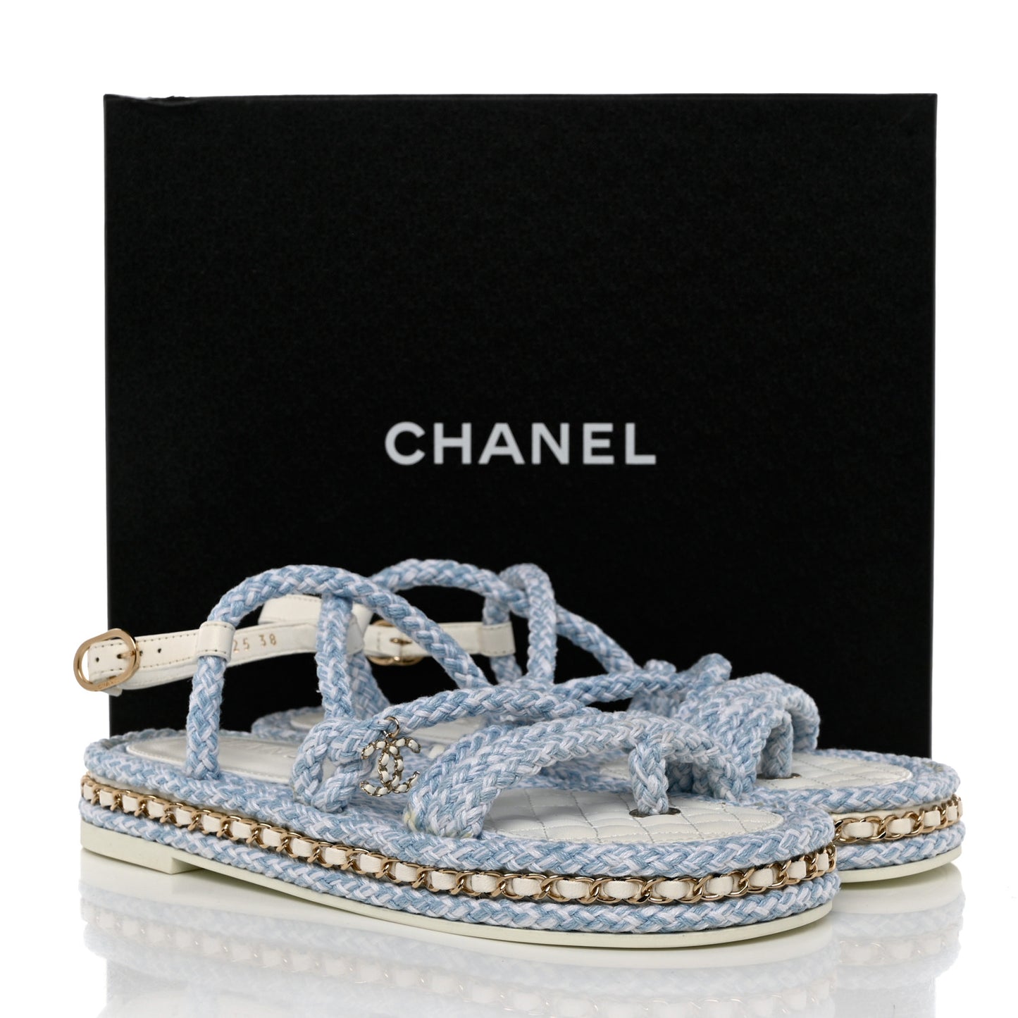 Lambskin Cord Chain CC Sandals 38 Blue White