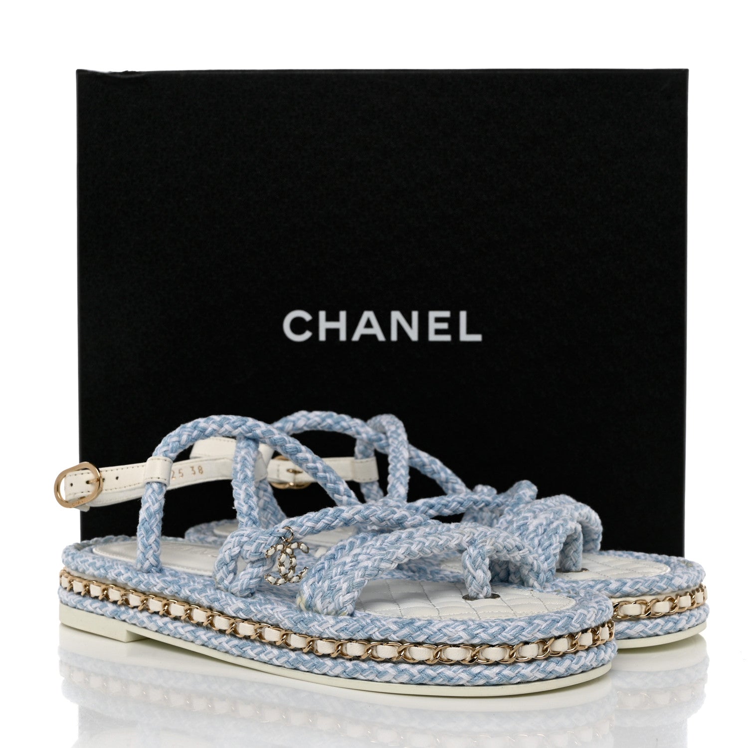 Chanel Lambskin Cord Chain CC Sandals 38 Blue White 10 of 10