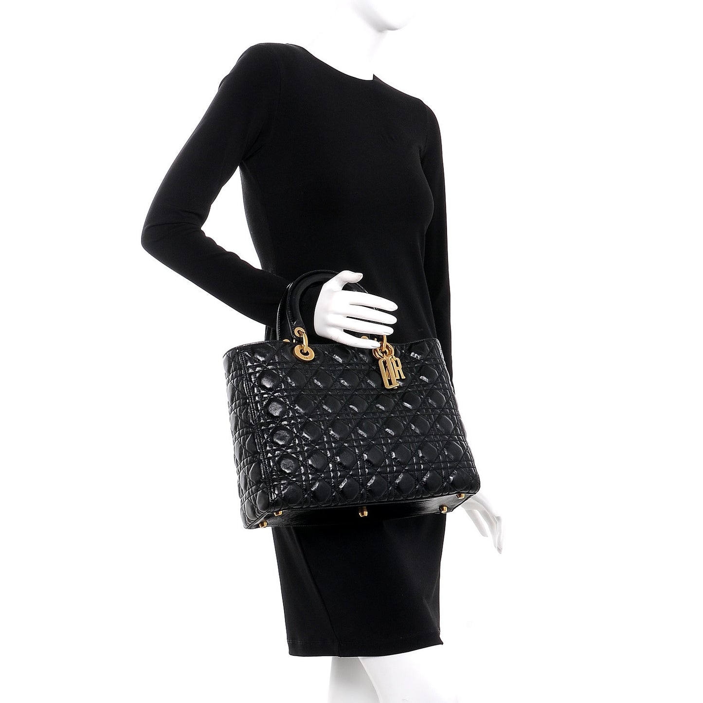Crinkled Patent Cannage Large Lady Dior Black