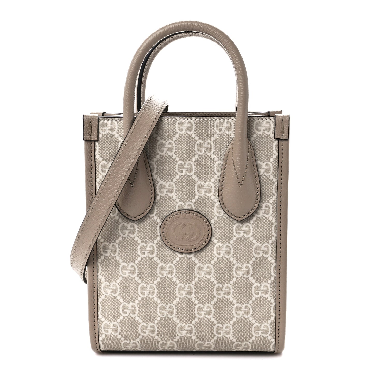 GG Supreme Monogram Textured Dollar Calfskin Mini Retro Interlocking G Tote Bag Beige Mystic White Oatmeal