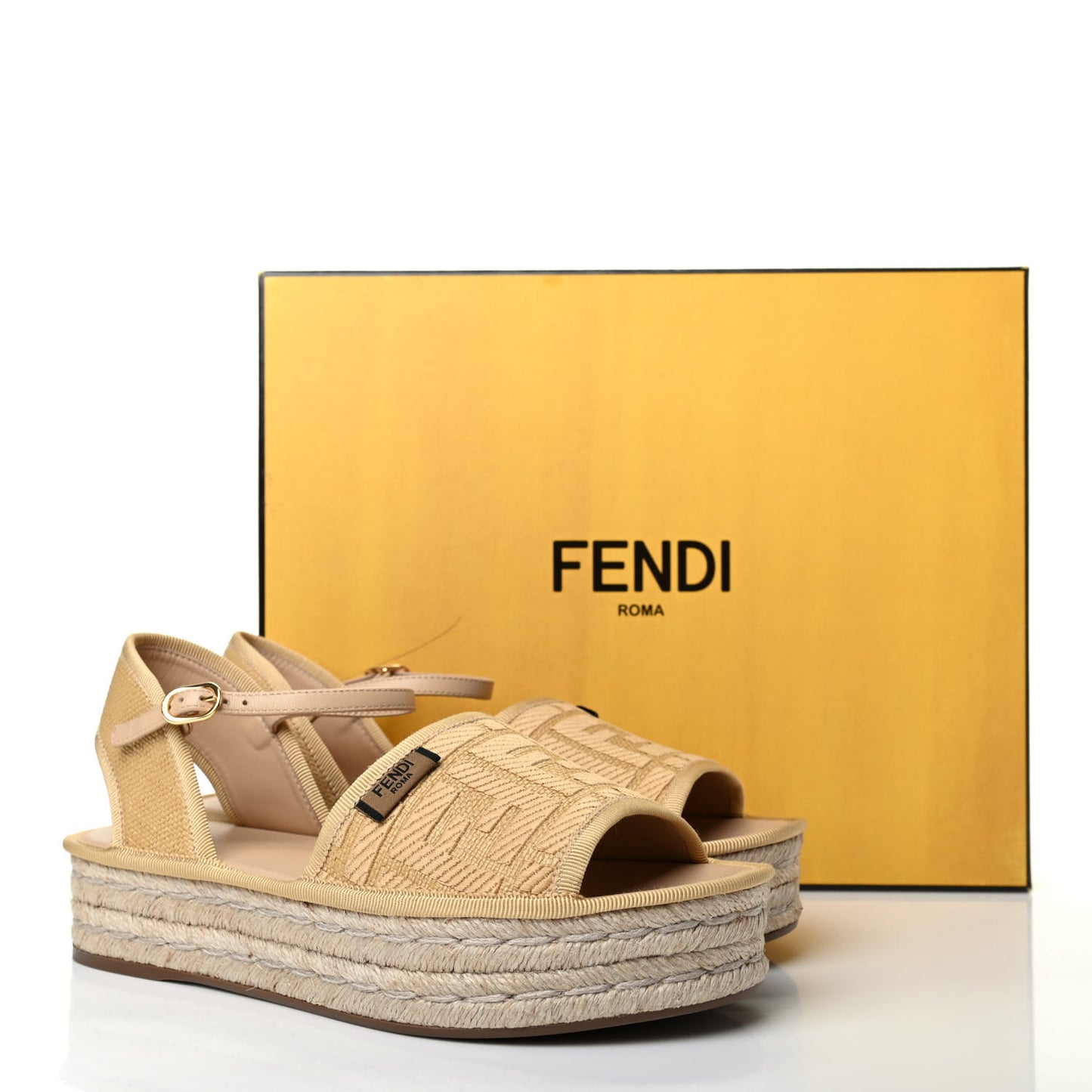 Raffia FF Embroidered Espadrille Platform Sandals 36 Natural