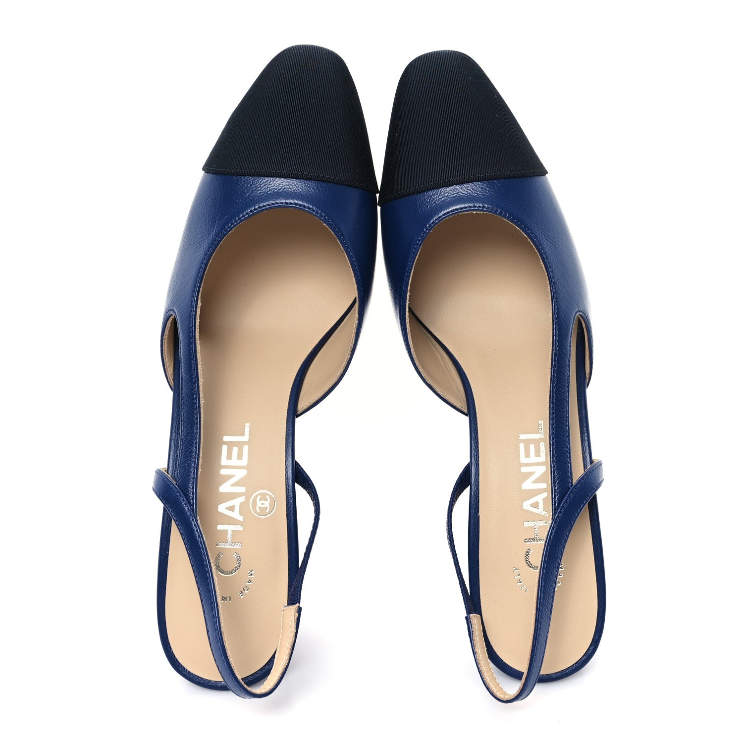 Chanel Goatskin Grosgrain Cap Toe CC Slingback Pumps 36.5 Navy Black 2 of 10