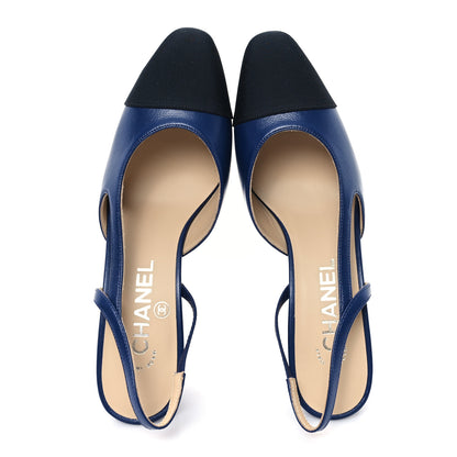 Chanel Goatskin Grosgrain Cap Toe CC Slingback Pumps 36.5 Navy Black 2 of 10