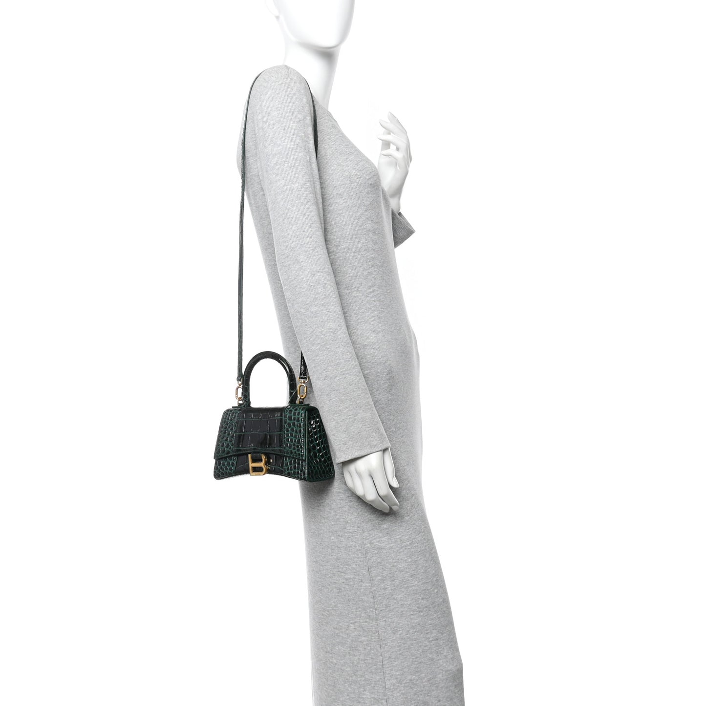 Shiny Calfskin Crocodile Embossed Hourglass Top Handle Bag XS Forest Green