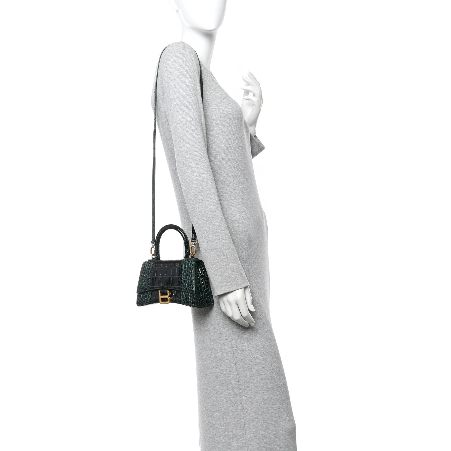 Balenciaga Shiny Calfskin Crocodile Embossed Hourglass Top Handle Bag XS Forest Green 2 of 9