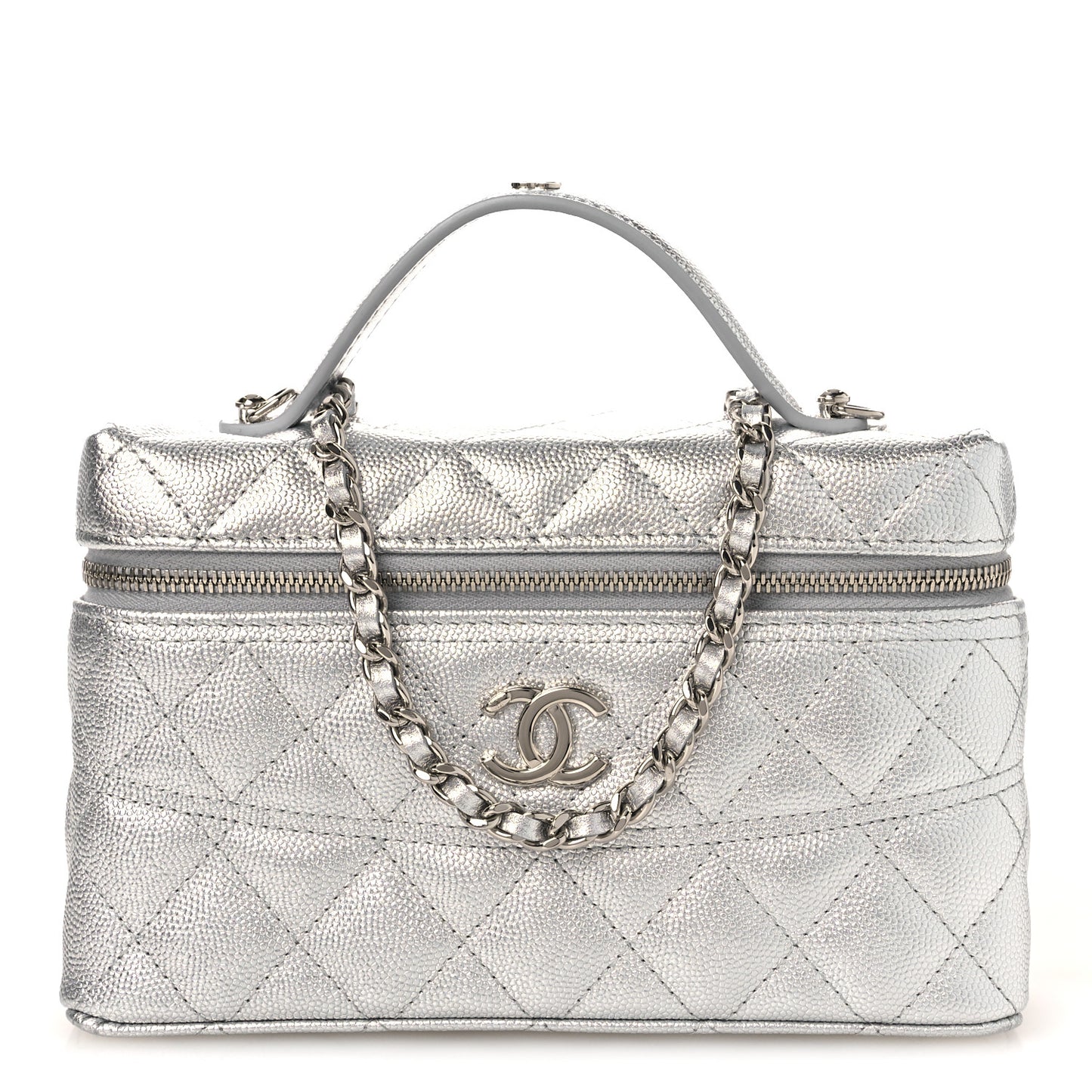Metallic Caviar Quilted Trendy Handle Slim Vanity Silver