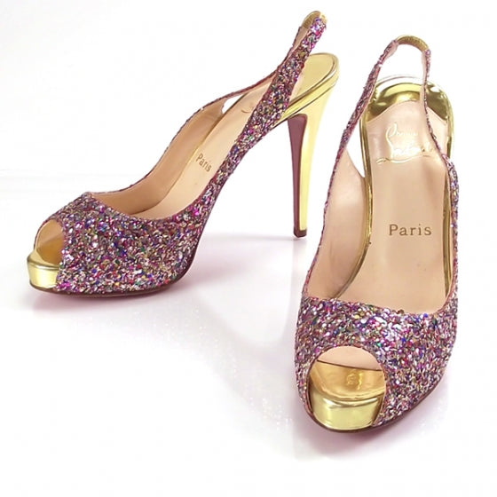 Christian Louboutin Glitter Numero Prive Peep Toe Gold 39 1 of 7