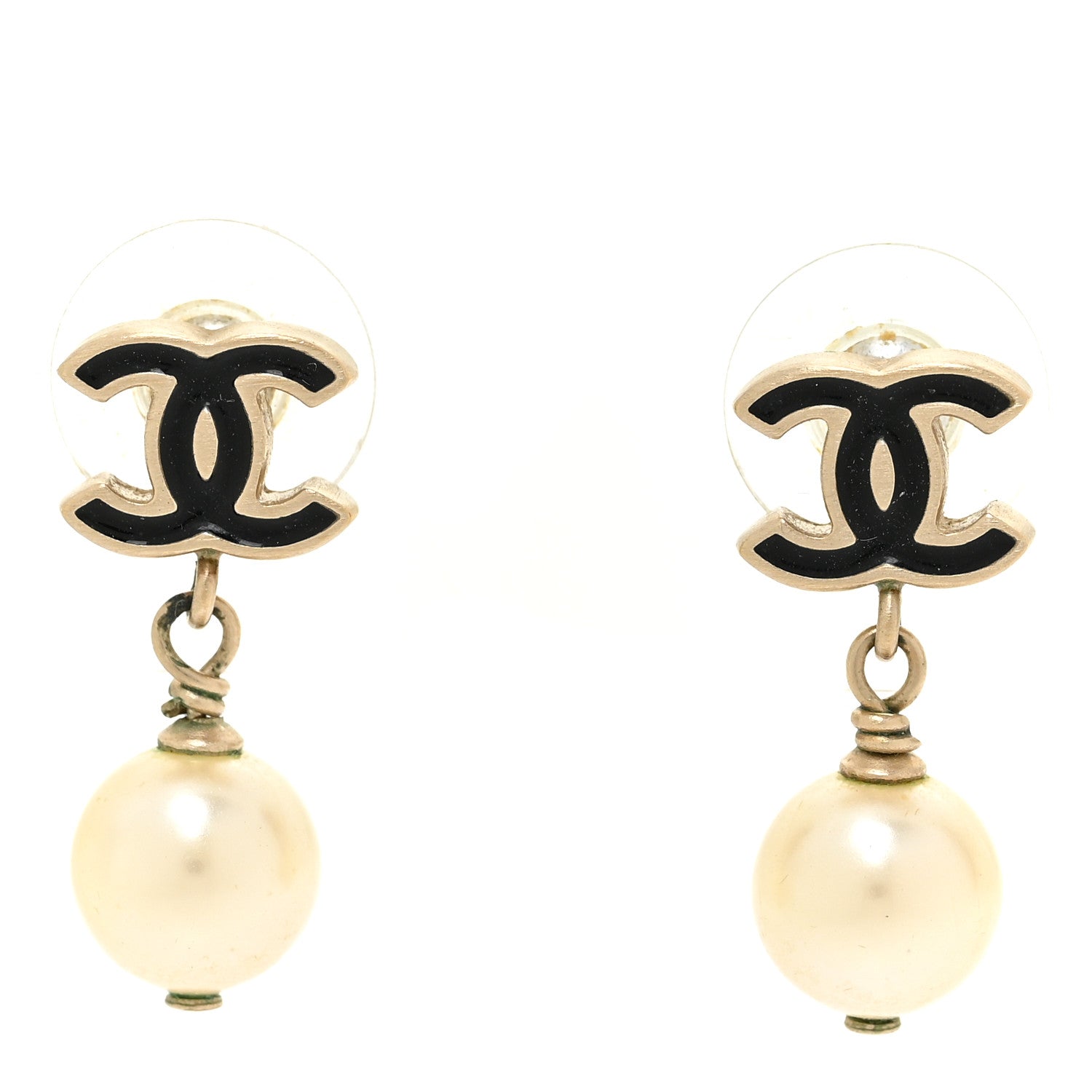 Chanel Pearl Enamel CC Drop Earrings Black Gold 1 of 7