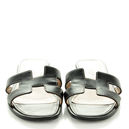 Hermes Box Calfskin Oran Sandals 37 Black 2 of 8