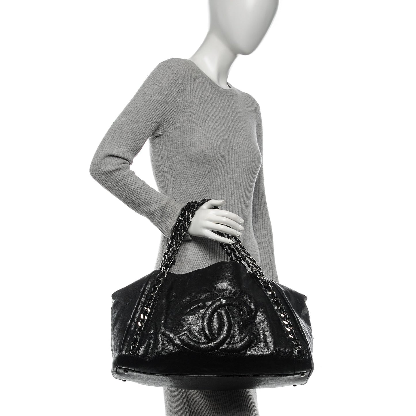 Glazed Caviar East West Modern Chain Tote Black