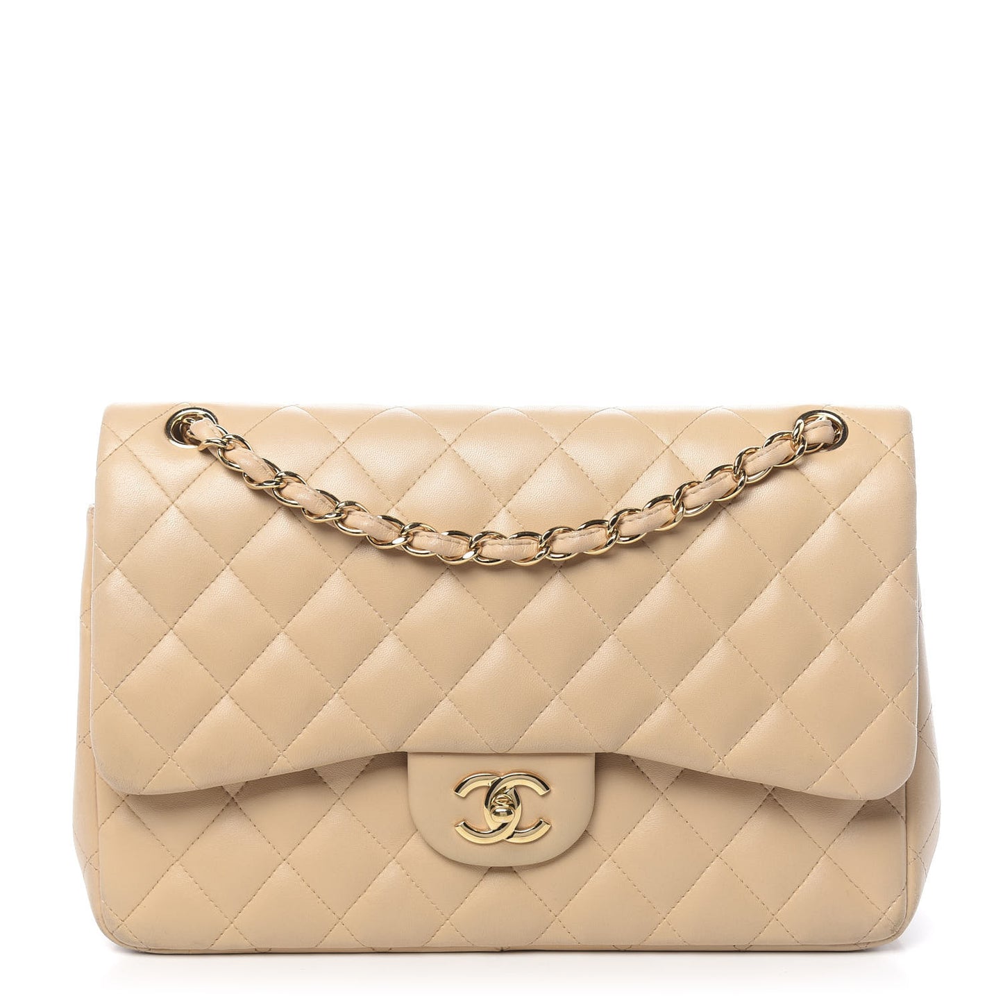 Lambskin Quilted Jumbo Double Flap Beige