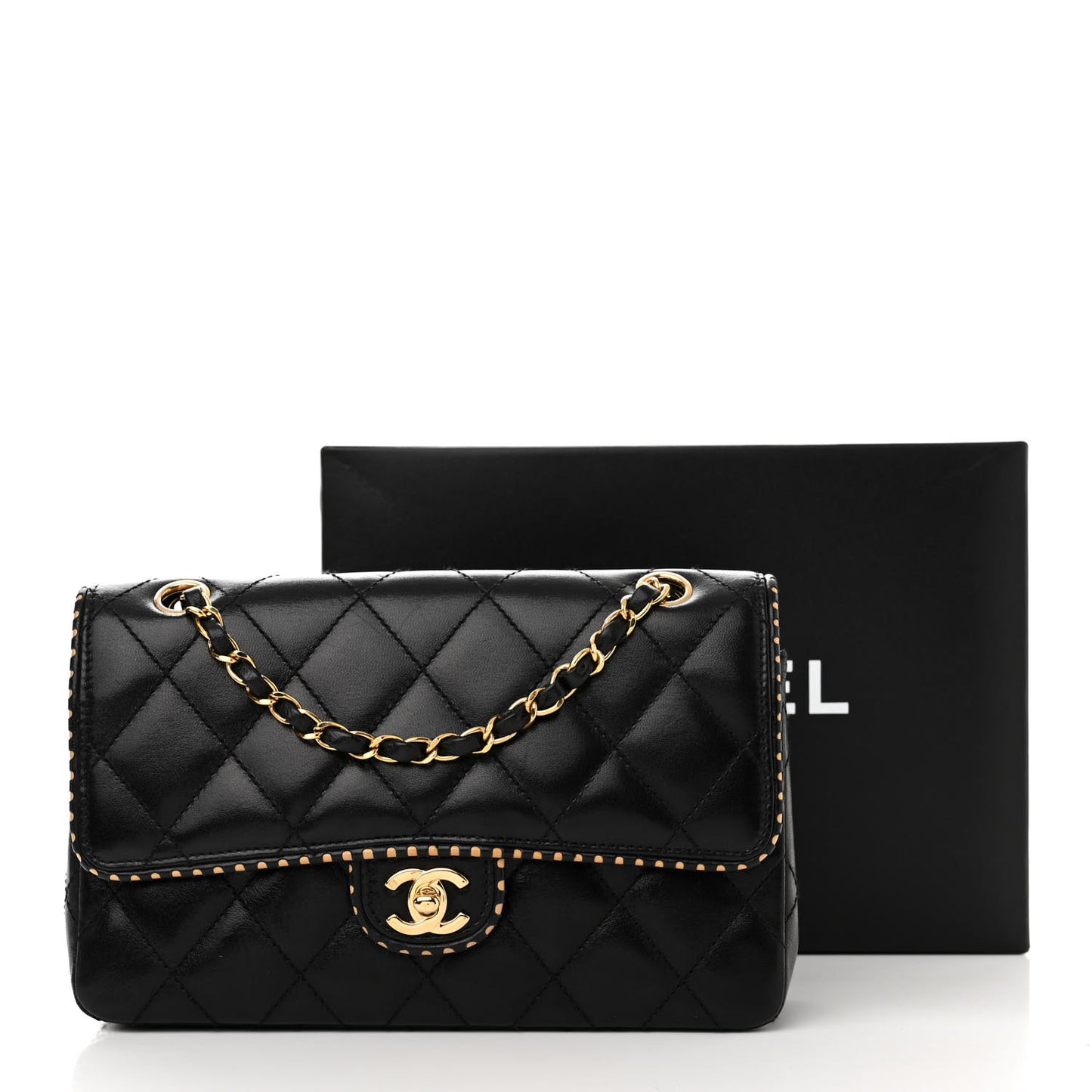 Lambskin Quilted Perforated Edge Flap Black Beige