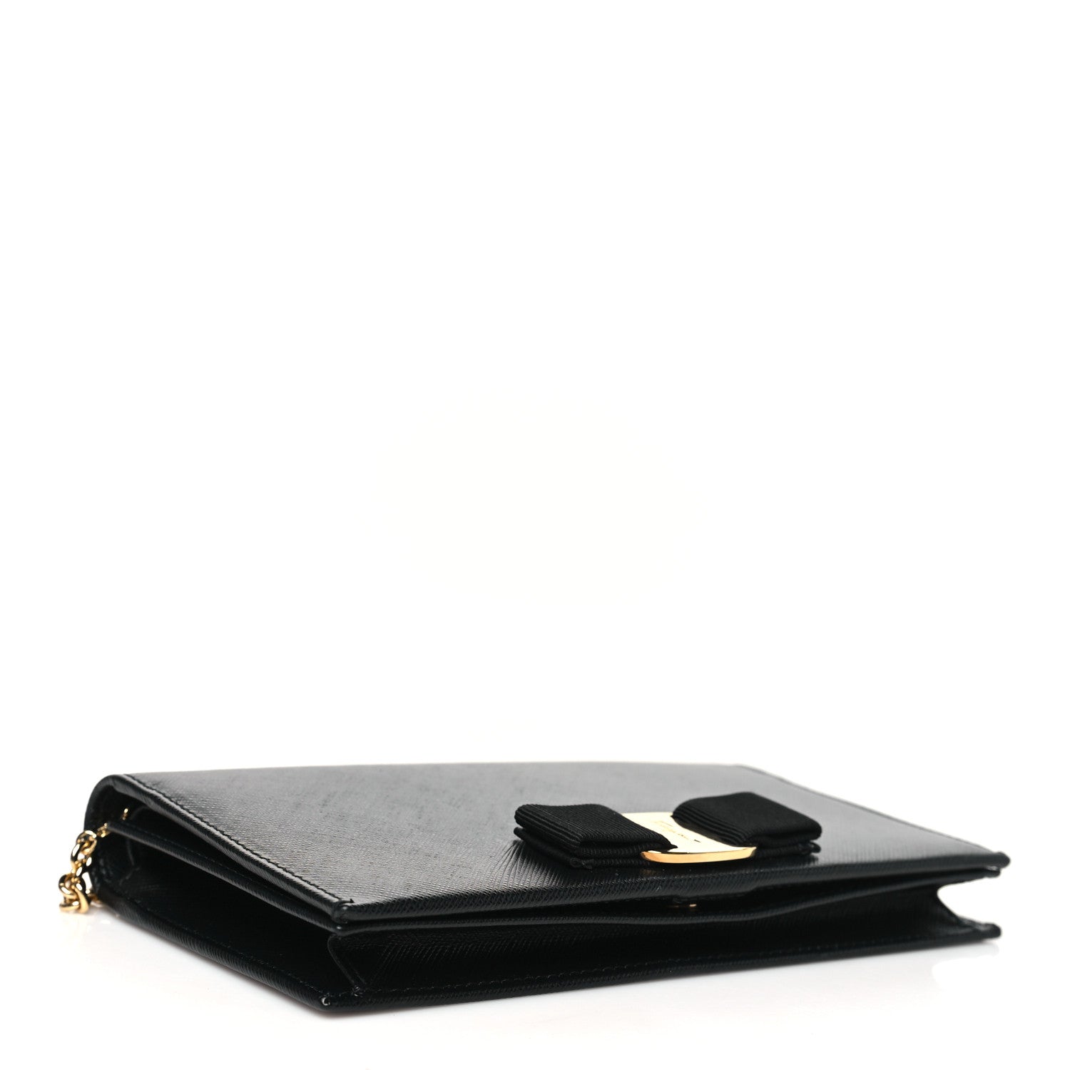 Salvatore Ferragamo Hammered Calfskin Vara Wallet On Chain Black 3 of 10