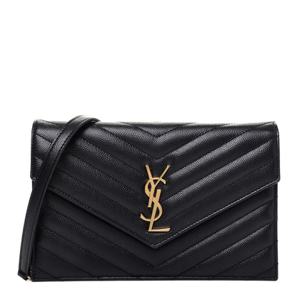 Saint Laurent Grain De Poudre Matelasse Chevron Monogram Envelope Chain Wallet Black 1 of 14