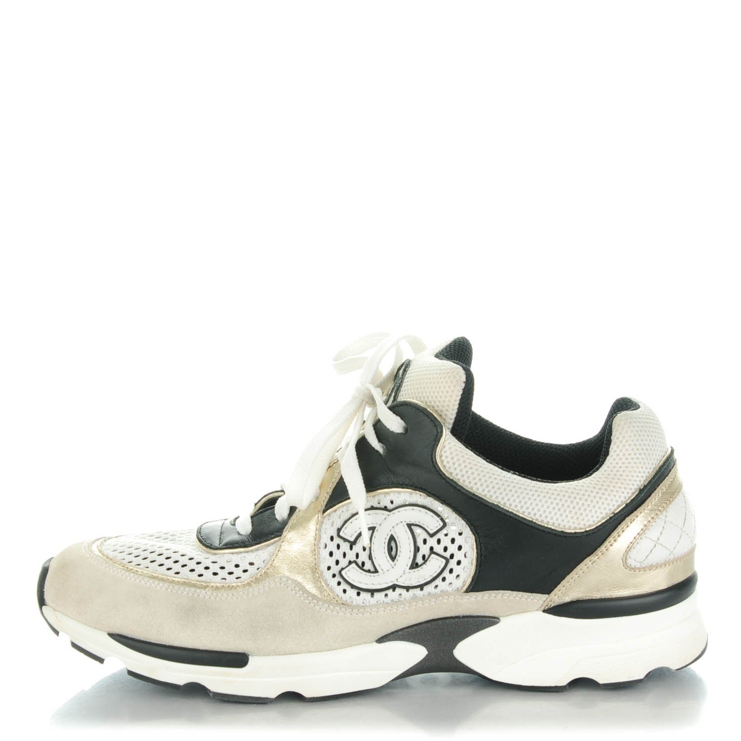 Chanel Suede Calfskin CC Sneakers 39 White Black Gold 1 of 6