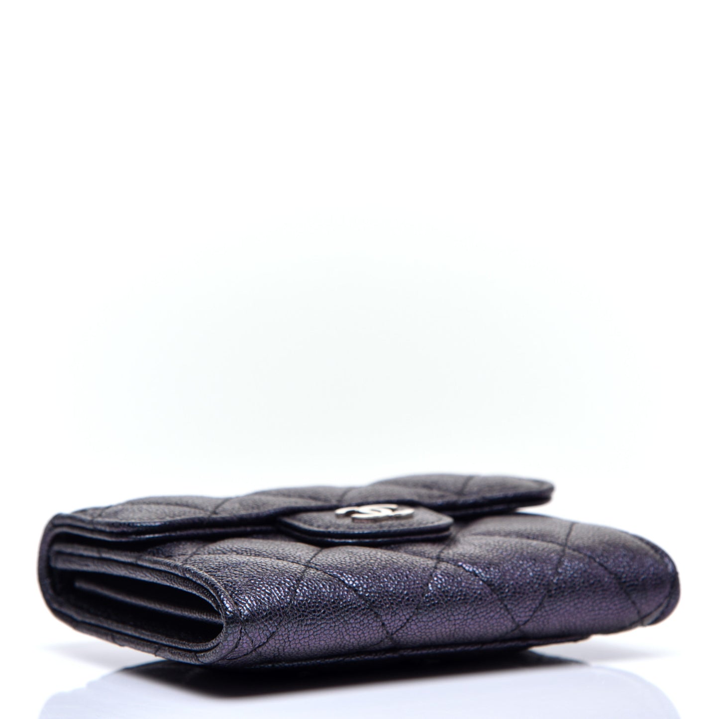 Iridescent Caviar Quilted Flap Card Holder Wallet Black