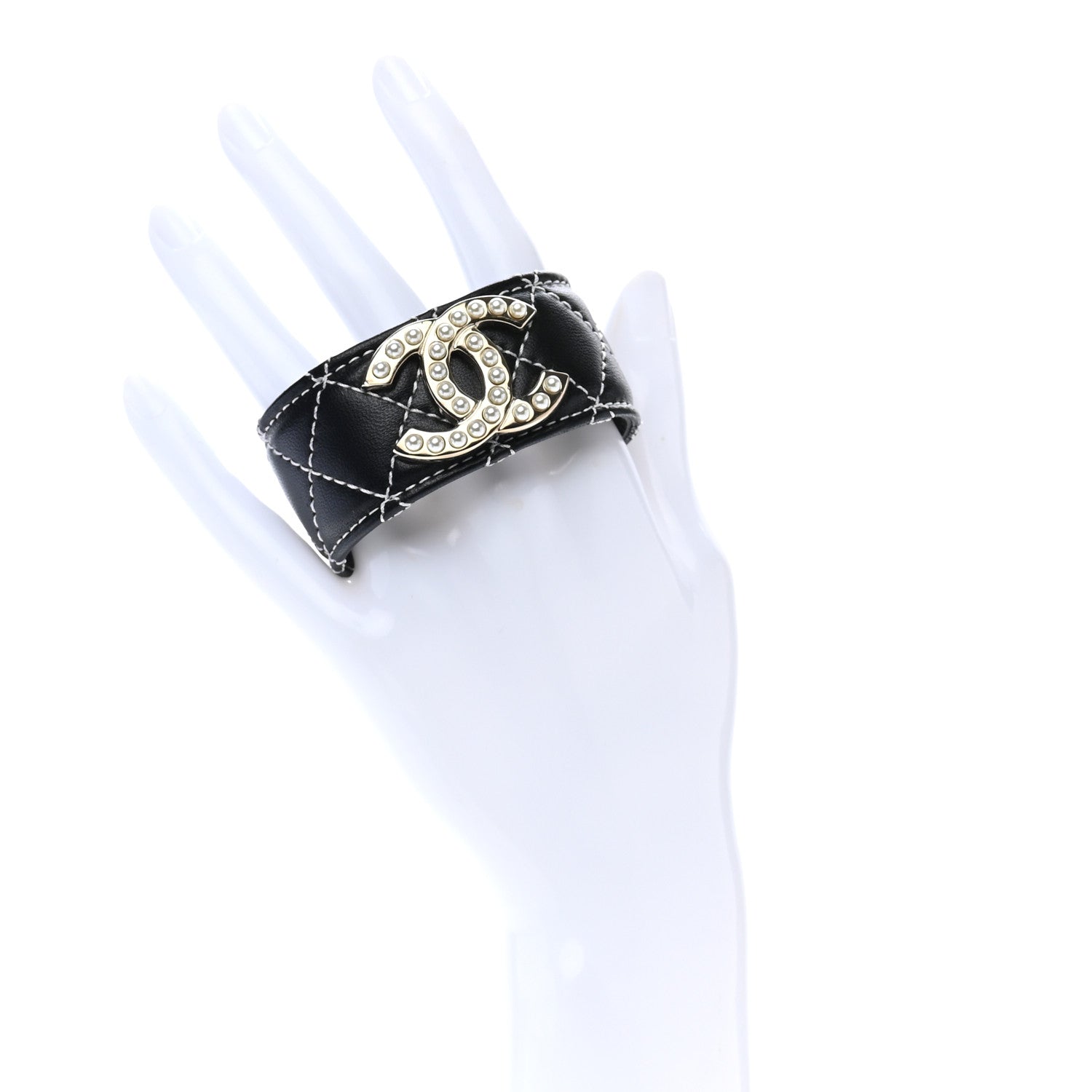 Chanel Lambskin Quilted Pearl CC Cuff Bracelet Black Gold 2 of 5