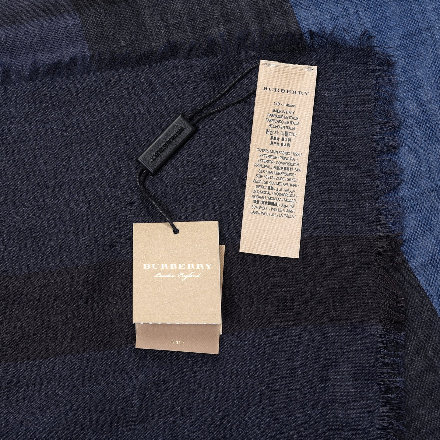 Silk Modal Wool Cashmere London Check Lightweight Square Scarf Navy