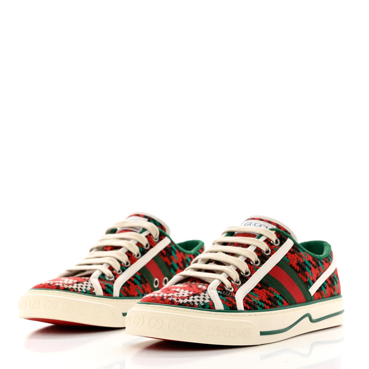 Cotton Wool Web Houndstooth Interlocking G Womens 1977 Tennis Sneakers 36 Red Green
