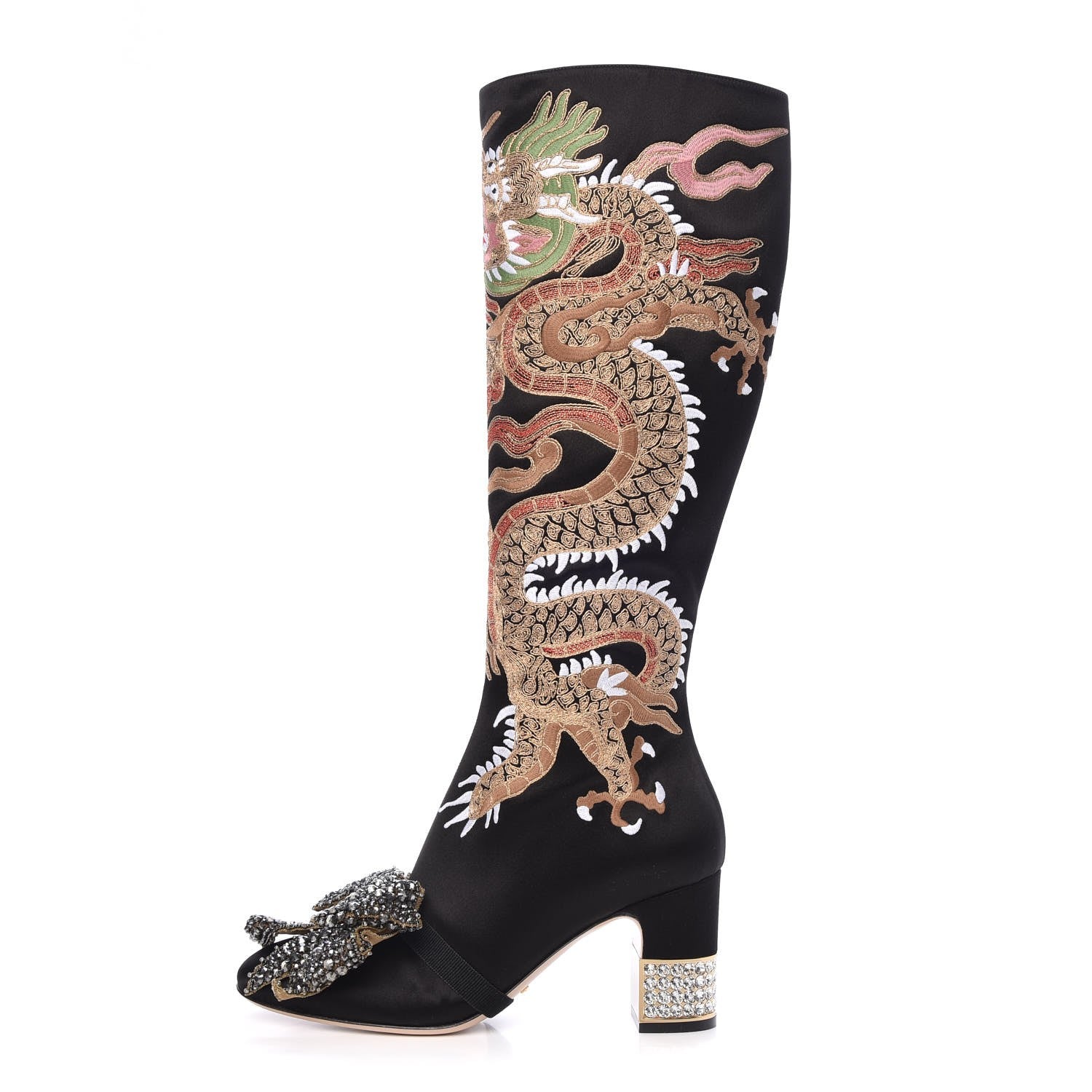 Gucci Silk Satin Malaga Kid Embroidered Candy Dragon Block-Heel Knee Boot 39 Black 1 of 14