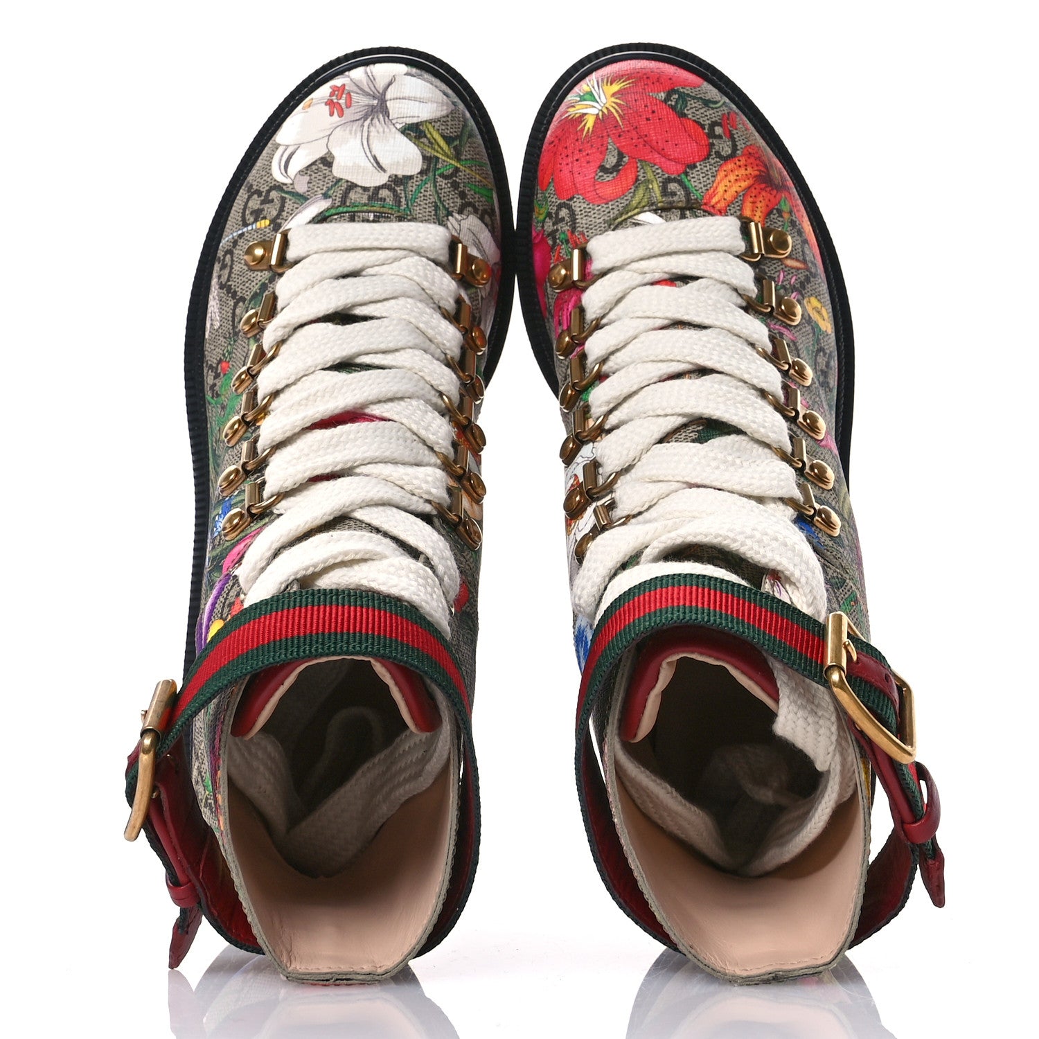 Gucci GG Supreme Monogram Flora Lace Up Combat Ankle Boots 35.5 Beige Multicolor Red 2 of 10