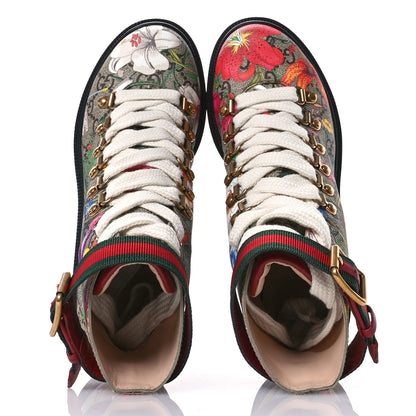 Gucci GG Supreme Monogram Flora Lace Up Combat Ankle Boots 35.5 Beige Multicolor Red 2 of 10