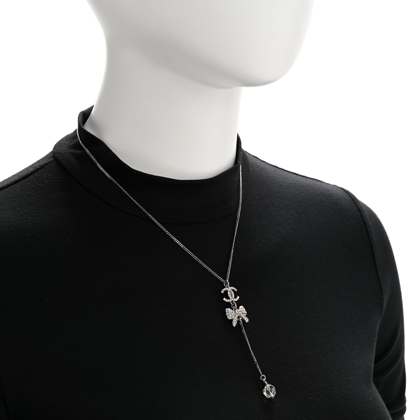 Crystal Resin CC Bow Drop Necklace Silver